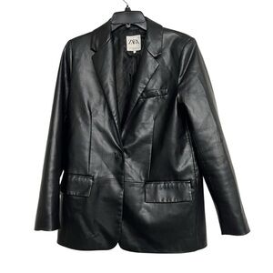 Zara Black Faux Leather Straight Fit‎ Blazer Jacket